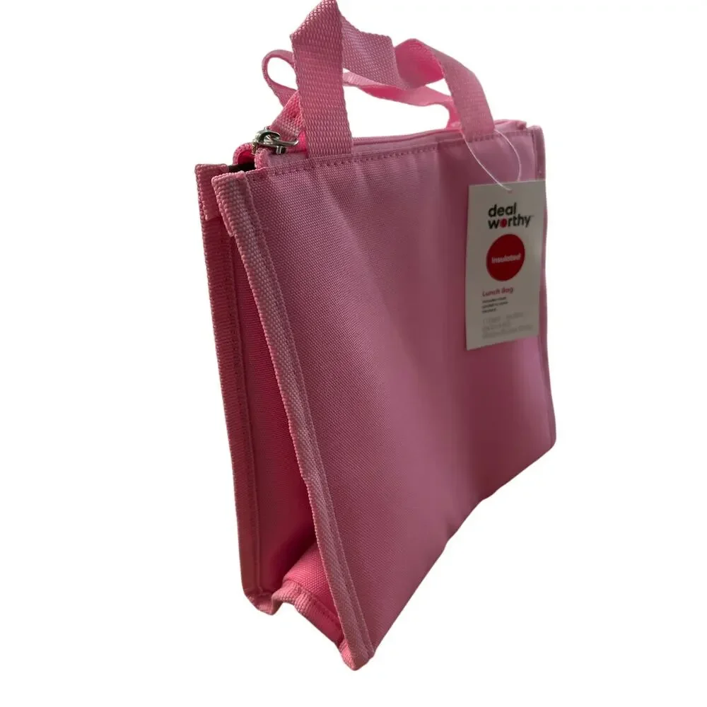 New Deal Worthy Insulated Lunch Bag Pink Zippered Top and Pocket size 8